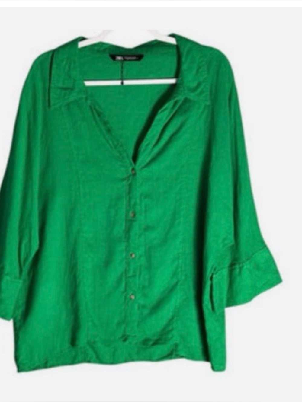 Zara Button Up 3/4 Kimono Sleeve Oversized Boxy Linen Top 100% Flax Kelly Green
